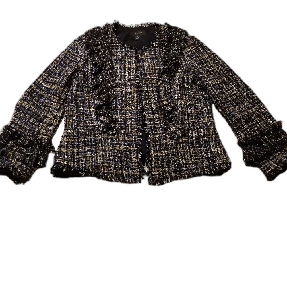 Ann Taylor Tweed Jacket Blazer Womens Size 6 Fringed Blue Black Fall Winter